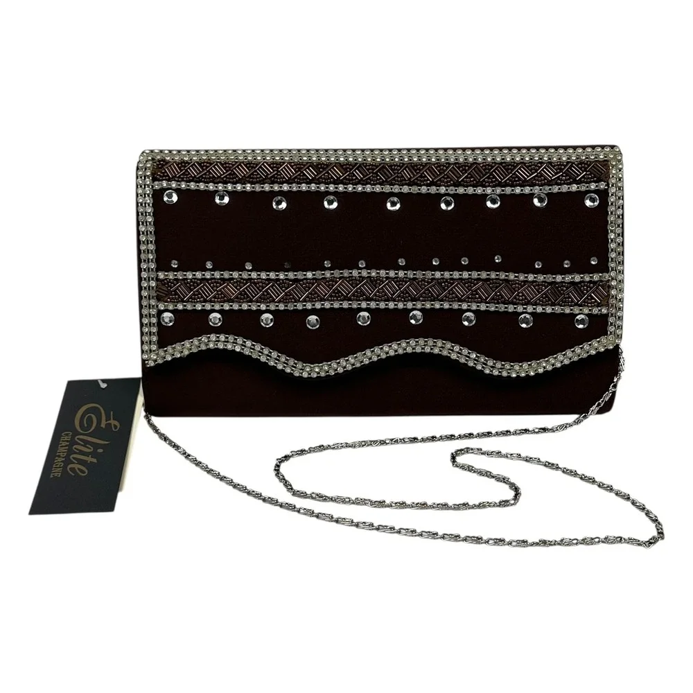 NWT Elite Champagne Clutch Purse Womens Brown‎ Cream Beaded Rhinestone NOS VTG
